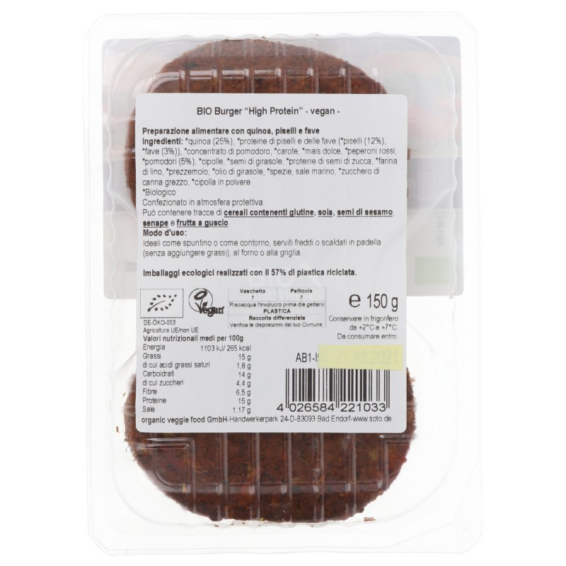 BURGER QUINOA PISELLI FAVE 150GR SOTO