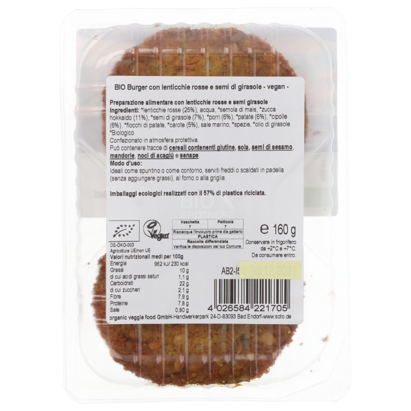 BURGER LENTICCHIE & GIRASOLE 160G SOTO