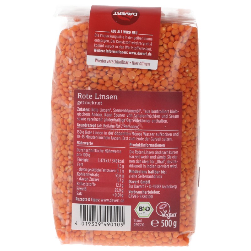 LENTICCHIE ROSSE BIO DECORTICATE 500G DAVERT