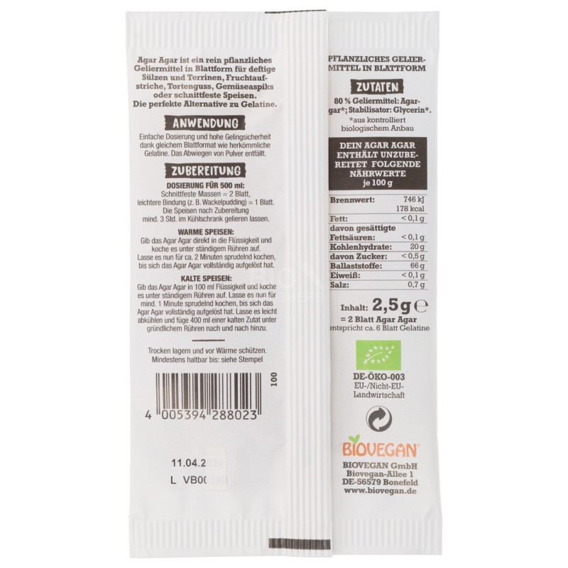 GELATINA IN FOGLI AGAR AGAR 2PZ BIO VEGAN