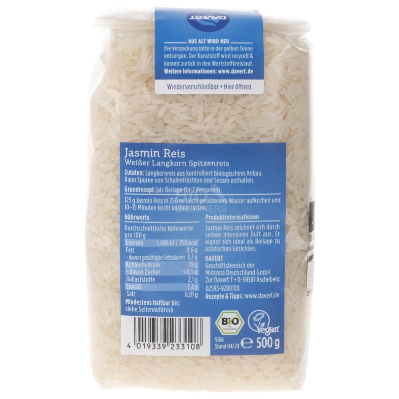 Riso Jasmine bianco lungo biologico