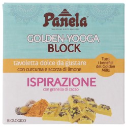 Golden block, cioccolato bianco alla curcuma e fave di cacao
