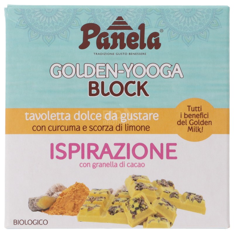 Golden block, cioccolato bianco alla curcuma e fave di cacao