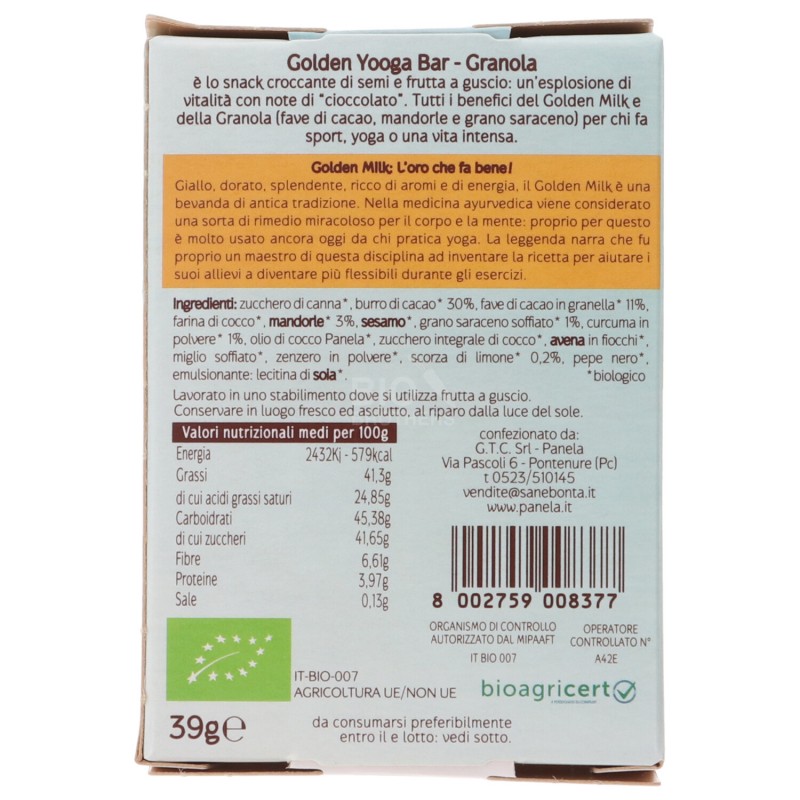 Barretta al cioccolato bianco e curcuma con fave di cacao
