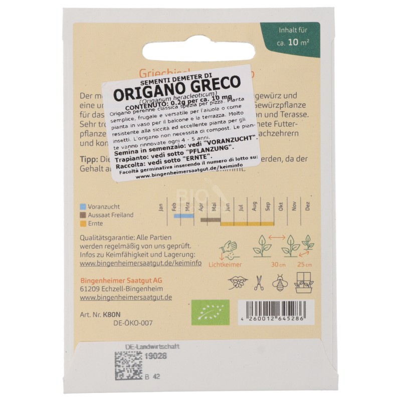 ORIGANO GRECO SEMENTI DEMETER PER ORTO