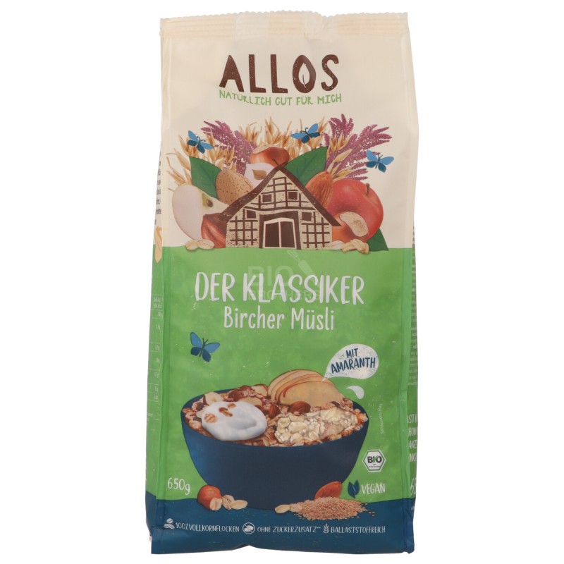 BIRCHER MUESLI BIO VEGAN CEREALI SEMI E FRUTTA SECCA 650G ALLOS