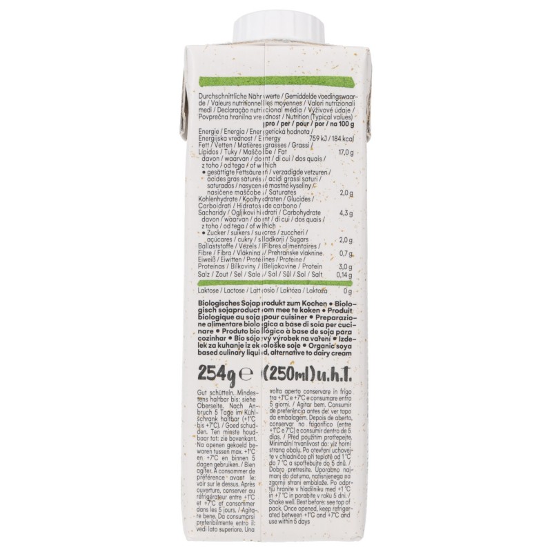 Alternativa vegana alla panna da cucina di soia bio