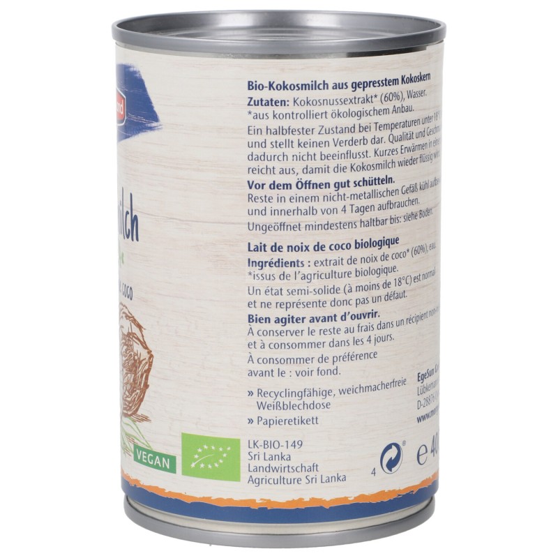 Latte di cocco Bio per cucinare in lattina