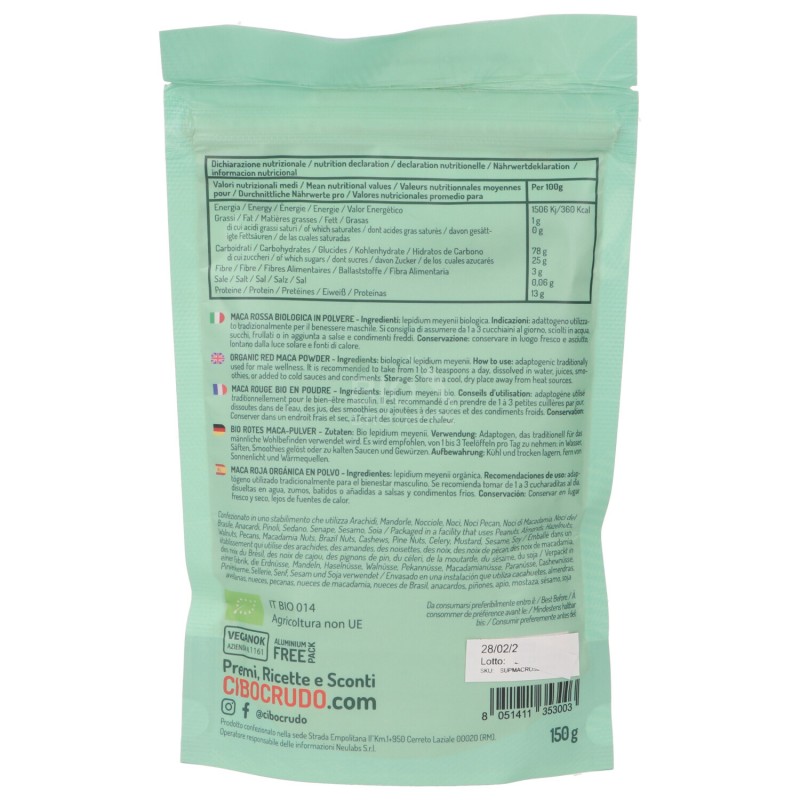 MACA ROSSA CRUDA IN POLVERE BIOLOGICA 150G CIBOCRUDO