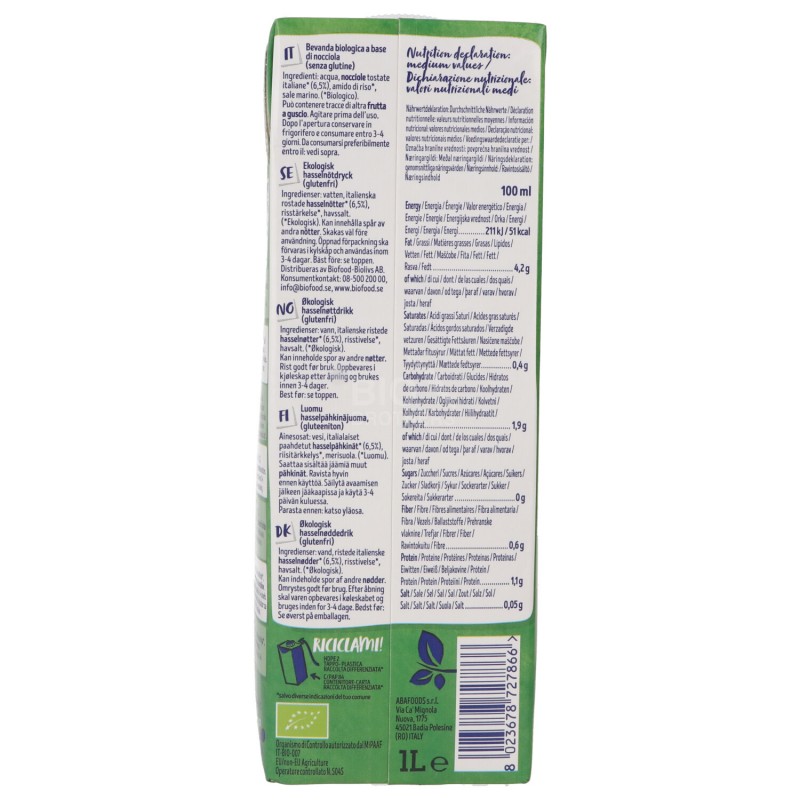 Nocciola 0% Zuccheri bevanda vegetale biologica