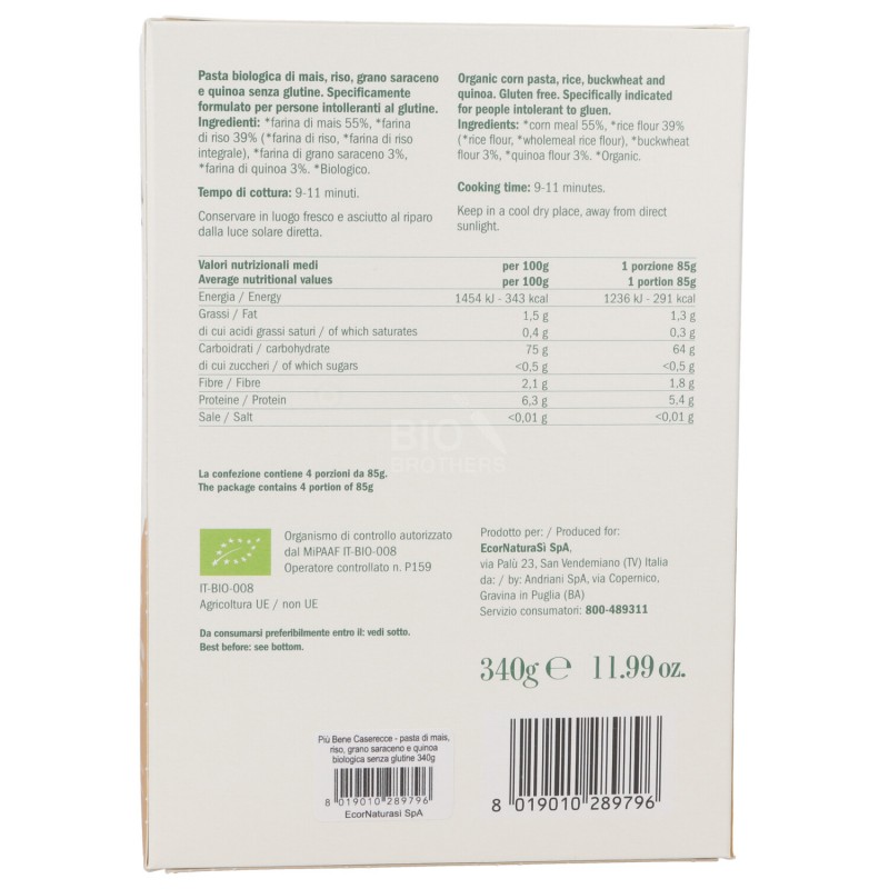 Caserecce biologiche di mais, riso, grano saraceno e quinoa