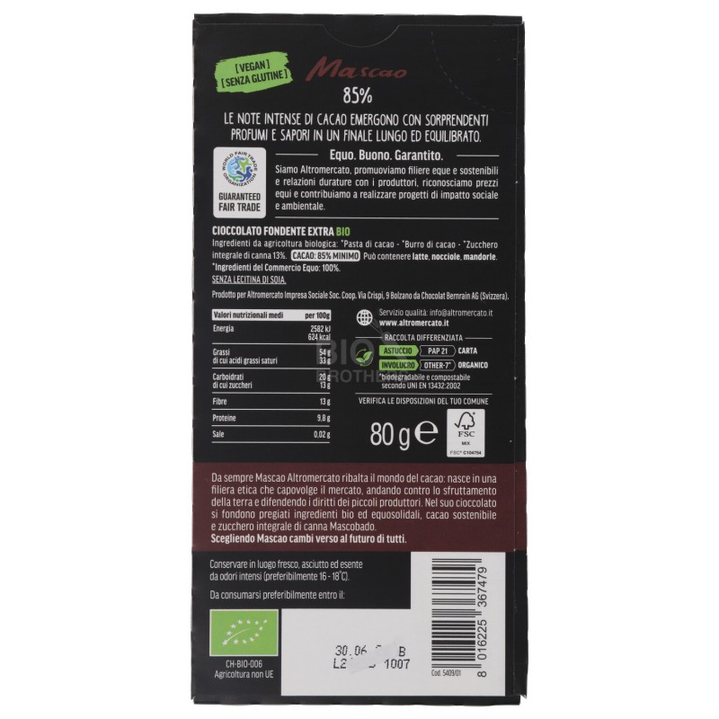 CIOCCOLATO FONDENTE 85% 80G CTM