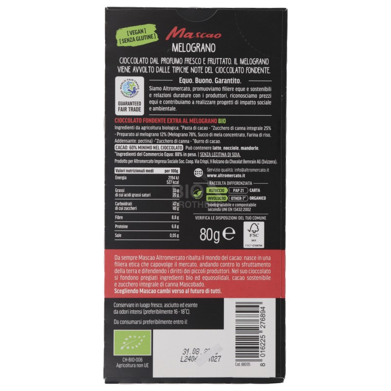 Cioccolato Mascao Fondente extra 60% Melograno Biologico