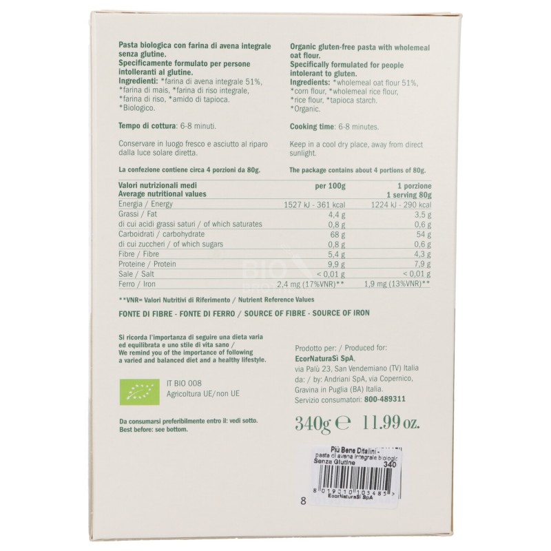 Ditalini Avena Integrale biologici Senza Glutine