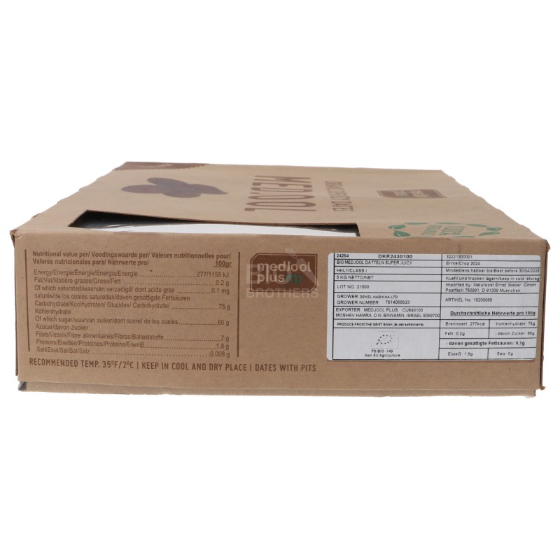 SCATOLA DATTERI MEDJOUL JUMBO SUPER JUICY 23-27 BIO 3KG