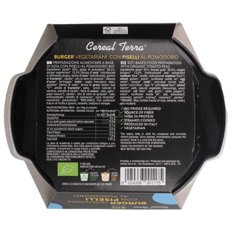 BURGER VEGET.PISELLI POMODORO BIO 250GR