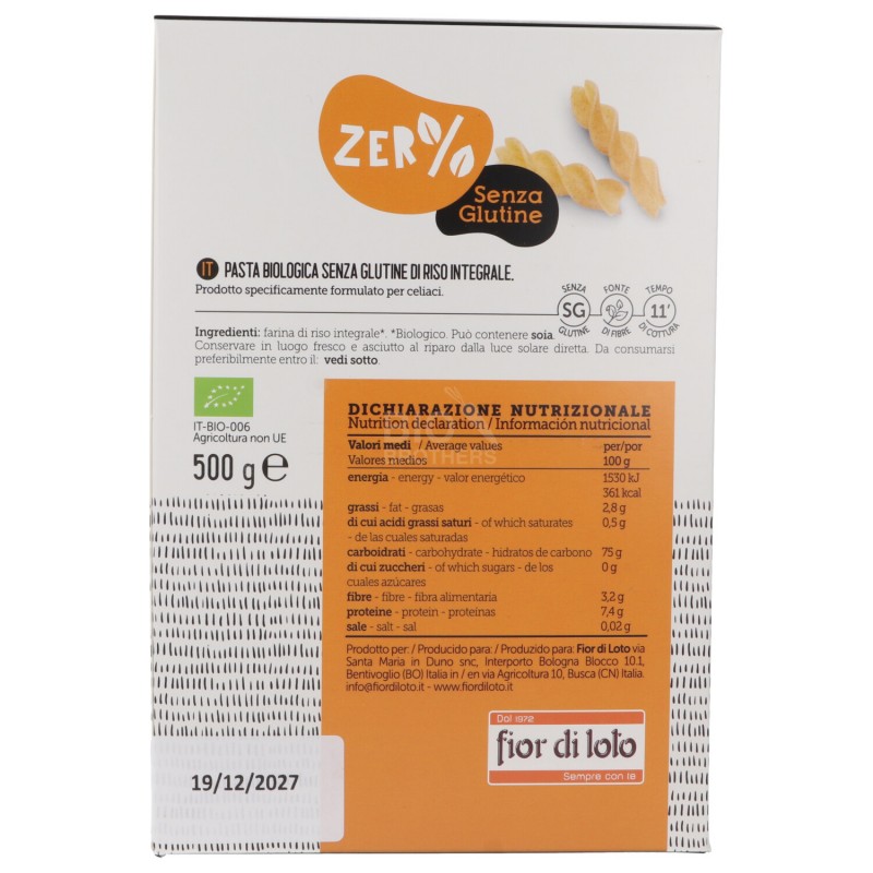 Fusilli pasta di riso integrale Bio Zero%Glutine