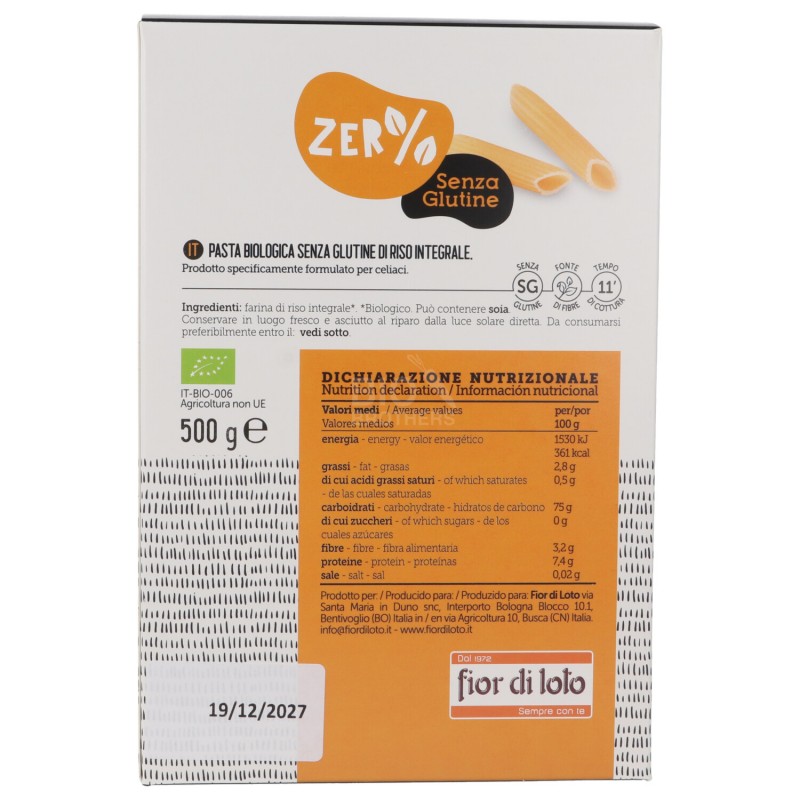 Penne di Riso integrale Senza Glutine biologiche