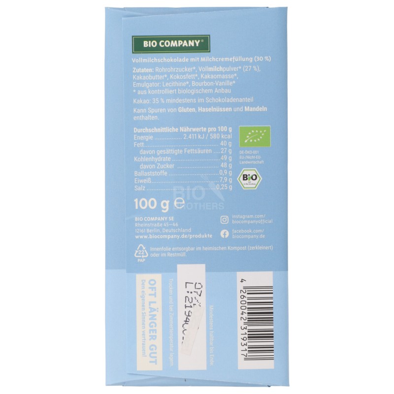 CIOCCOLATO LATTE RIPIENO BIO 100G B.COMPANY