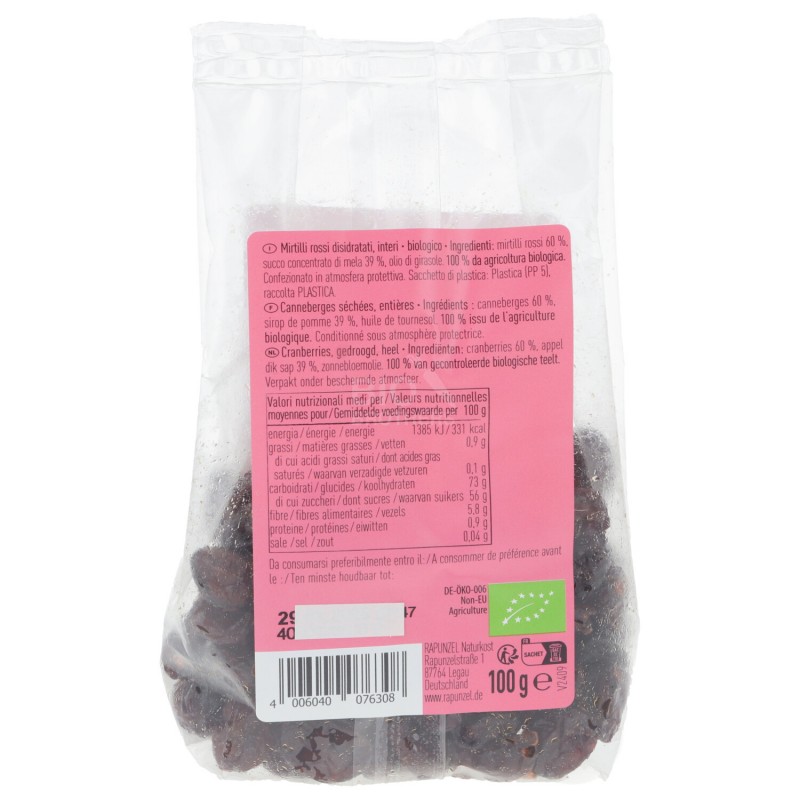 Mirtilli Rossi Bio Disidratati interi dolcificati con succo di mela