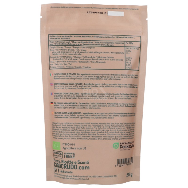 Cacao criollo raw biologico in polvere