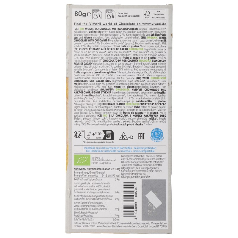 CIOCC. BIANCO STRACCIATELLA NIBS BIO 80G