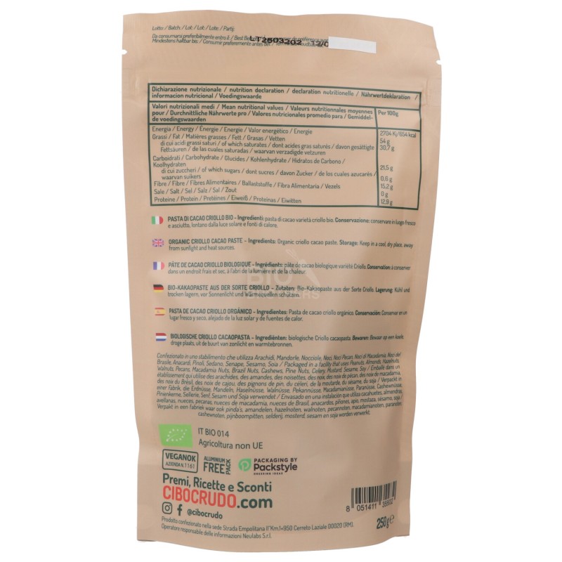 Pasta di Cacao Criollo Bio Raw in pezzi