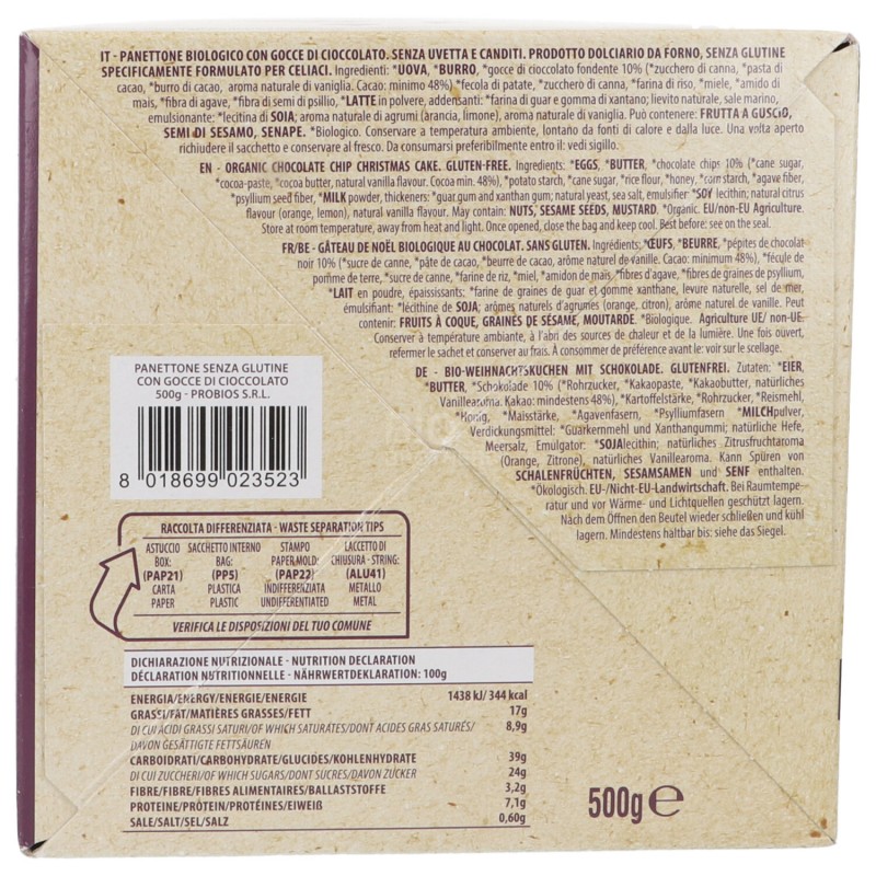PANETTONE SENZ./GLUT. GOCCE CIOCCOL.BIO 500G