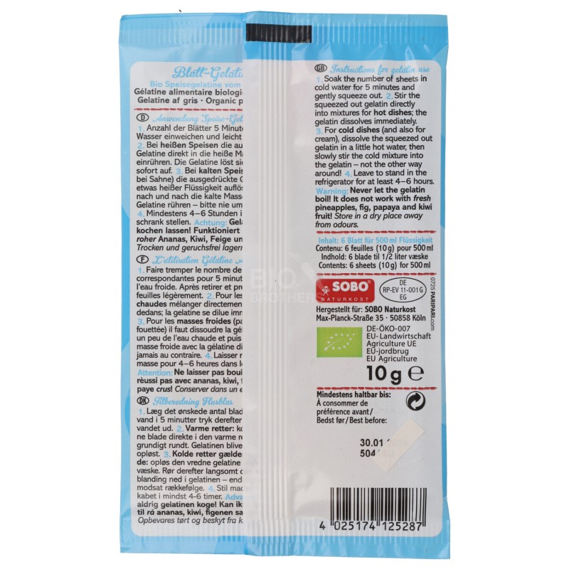 Gelatina in Fogli alimentare Biologica di origine animale