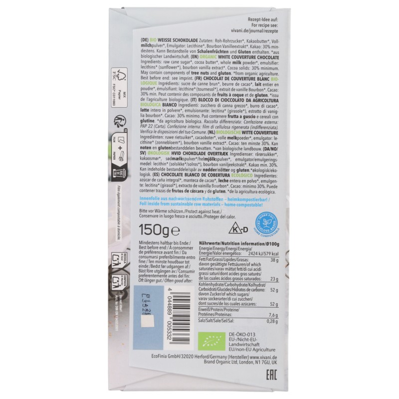 Cioccolato bianco bio in blocco per decorare dolci