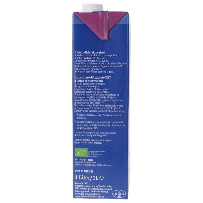 Latte intero Senza Lattosio UHT Biologico