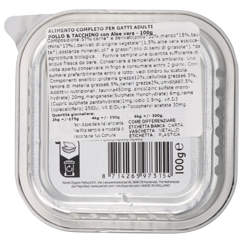 Paté Bio per Gatti adulti Pollo & Tacchino con Aloe in vaschetta