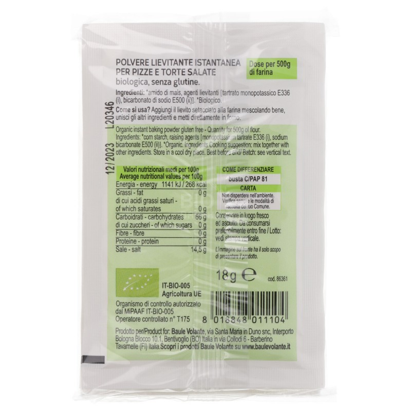 Polvere lievitante istantanea per pizze e torte salate bio