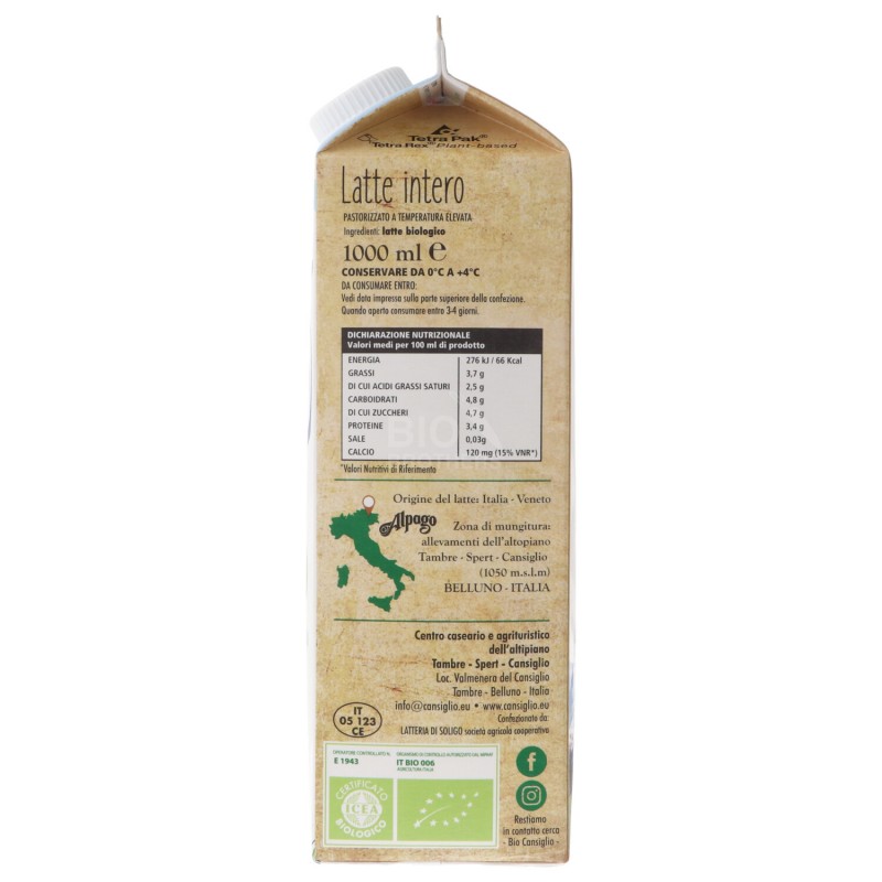 Latte fresco biologico intero